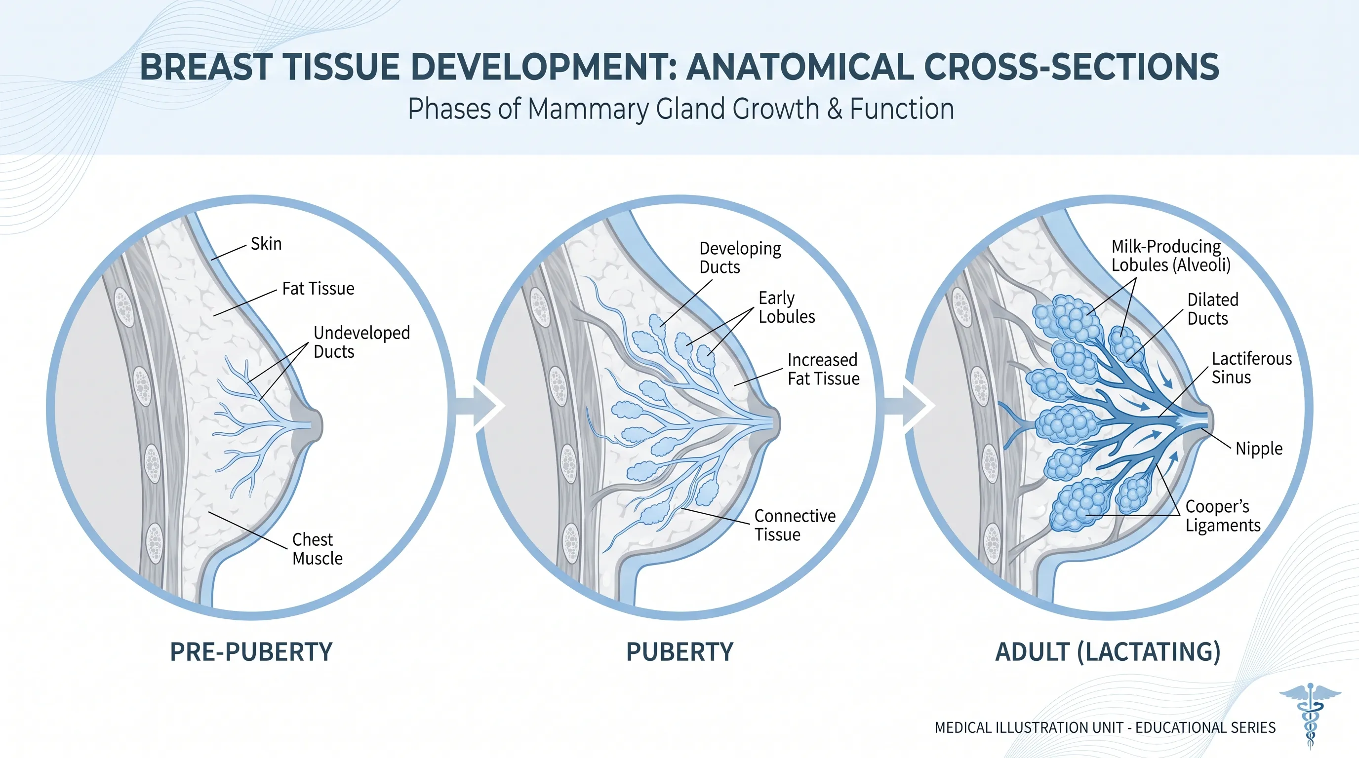 A professional medical illustration showing the anatomical cross-section of breast tissue during different developmental phases, displayed in a clean, modern infographic style with soft blue and gray tones.