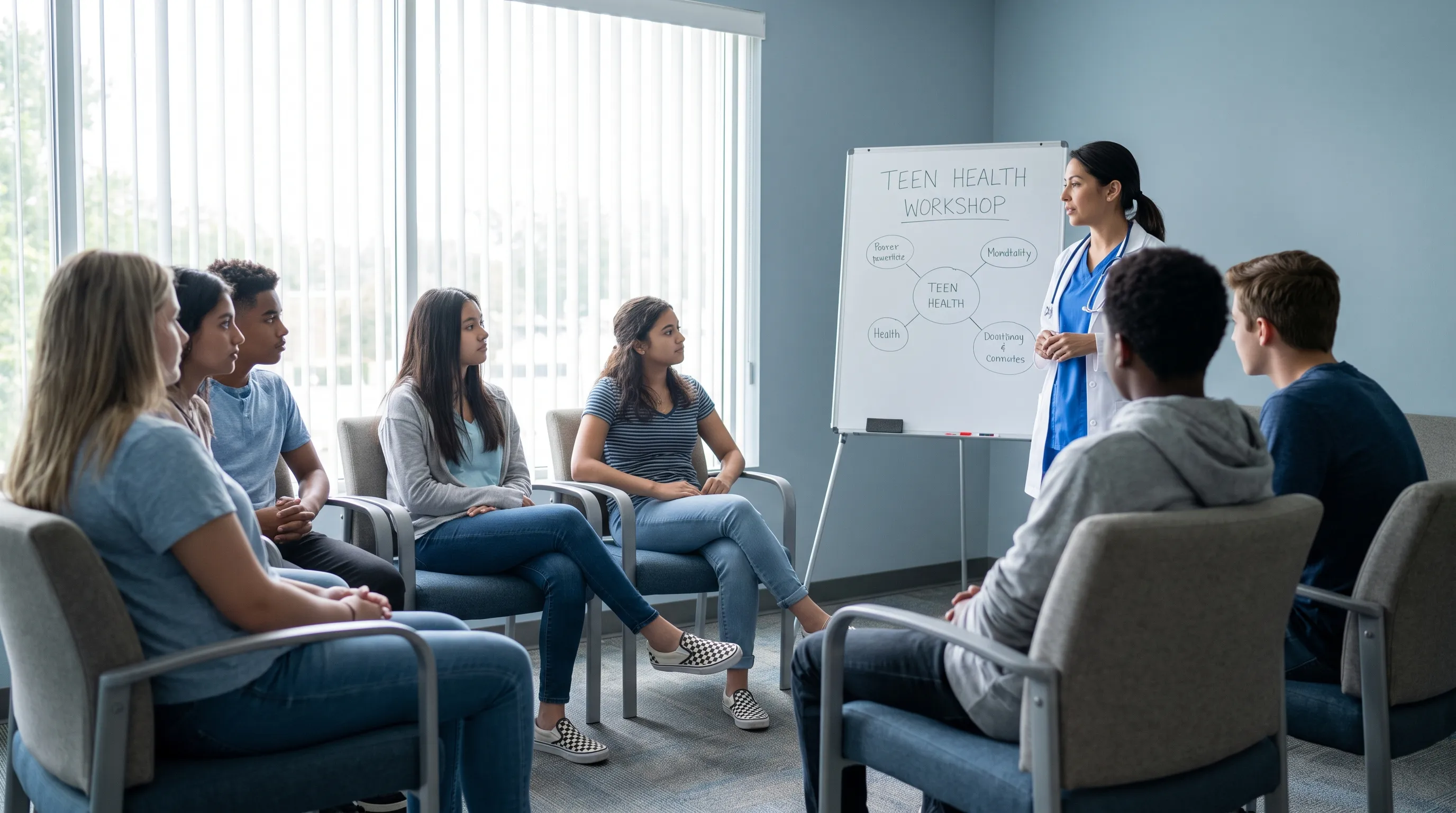A diverse group of teenagers engaged in a health education workshop, listening to a clinician, captured in a natural, well-lit indoor setting with a calm, supportive atmosphere. Style: realistic photography, 4:3 ratio, muted blue-gray color grading.