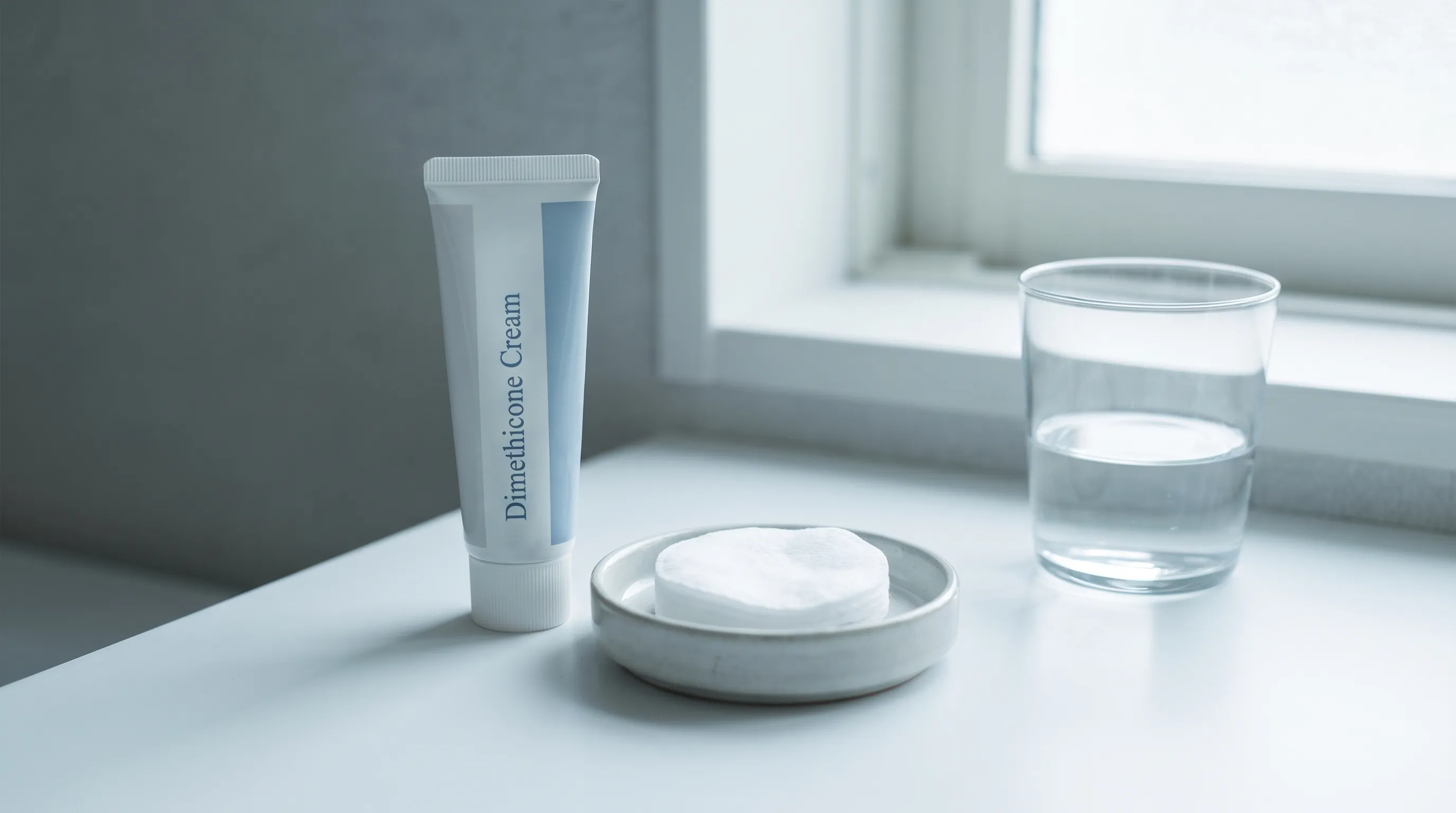 bathroom counter with skincare products, cotton pads, and soft natural lighting