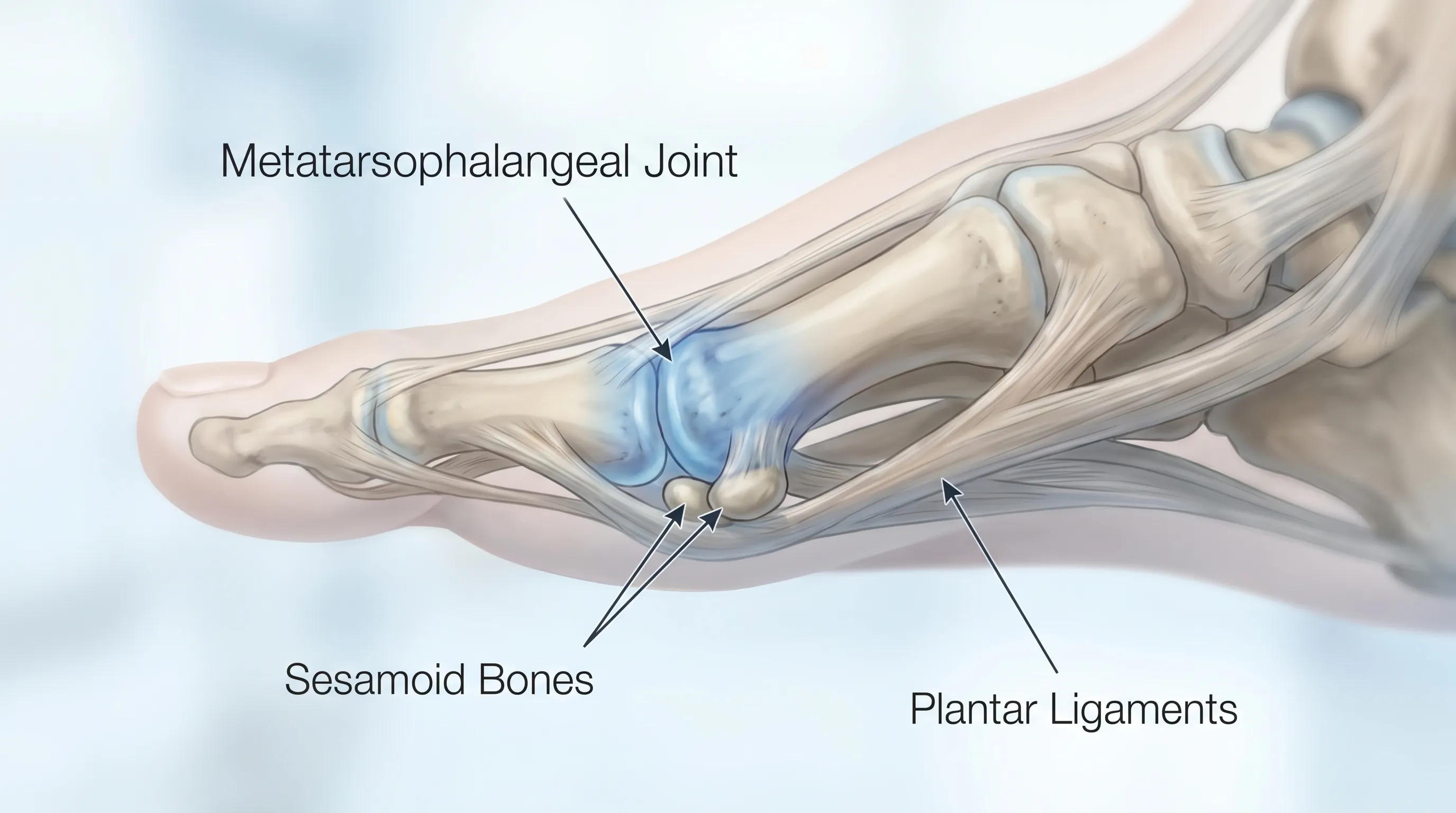 Close-up medical illustration of the human foot skeleton highlighting the metatarsophalangeal joint, sesamoid bones, and surrounding ligaments, soft clinical lighting, 4:3 ratio