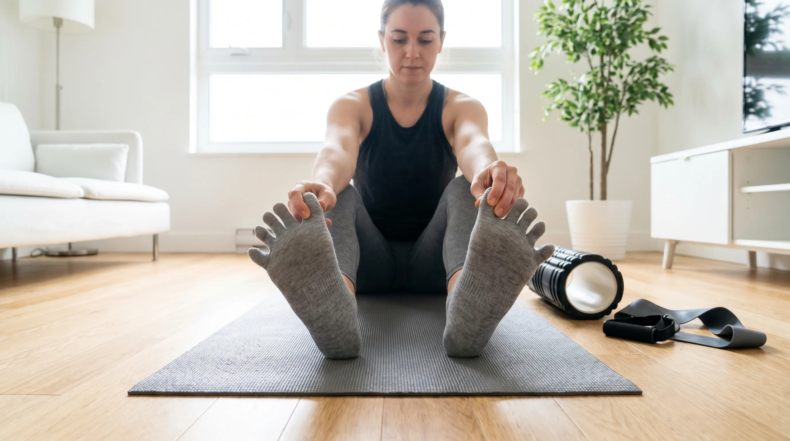 A person performing toe yoga and stretching exercises on a yoga mat in a bright, minimalist living room, wearing athletic socks, focusing on foot mobility, 4:3 ratio