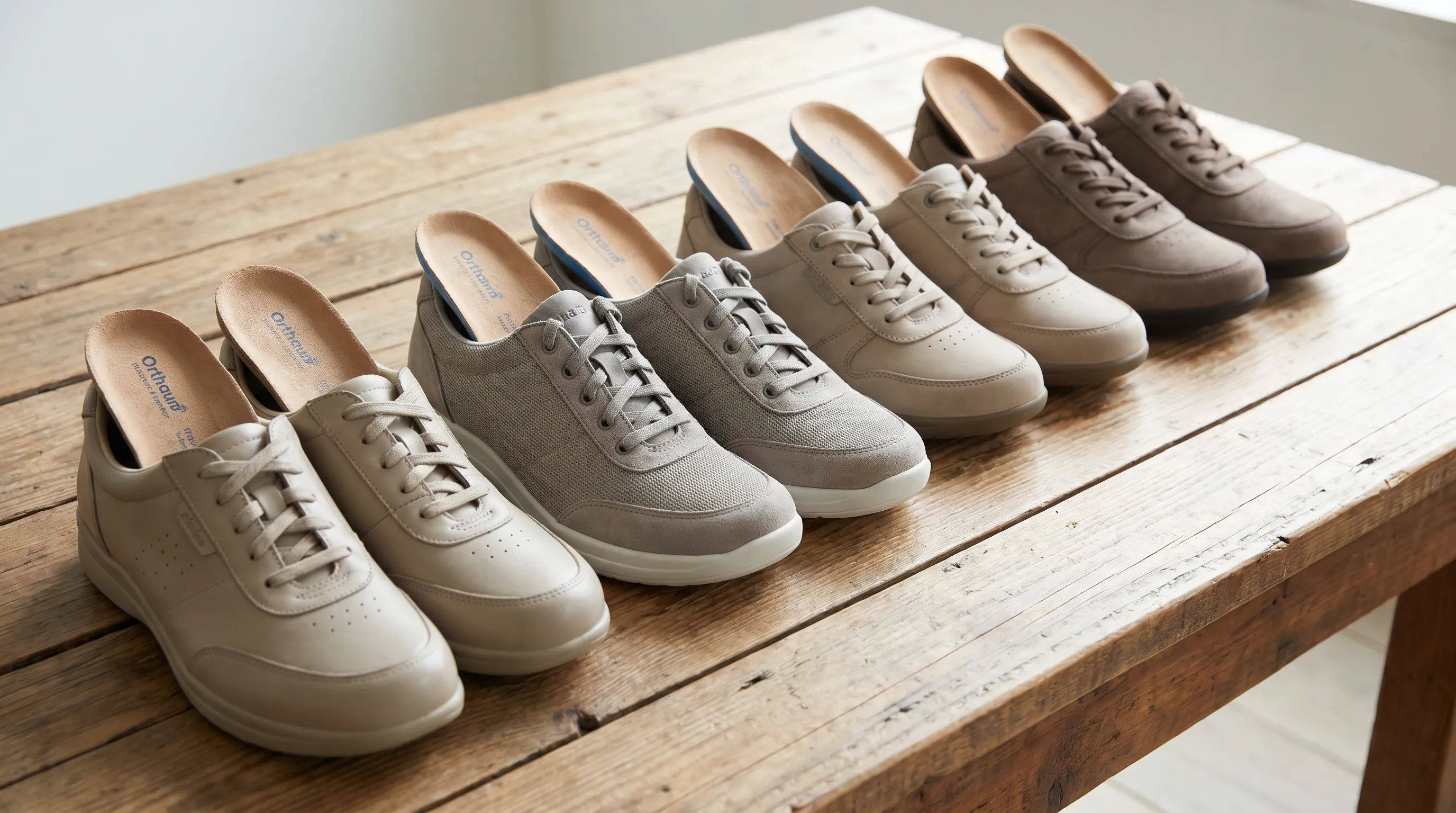 Selection of supportive footwear with wide toe boxes and orthotic insoles arranged neatly on a wooden surface, professional photography, neutral tones, 4:3 ratio