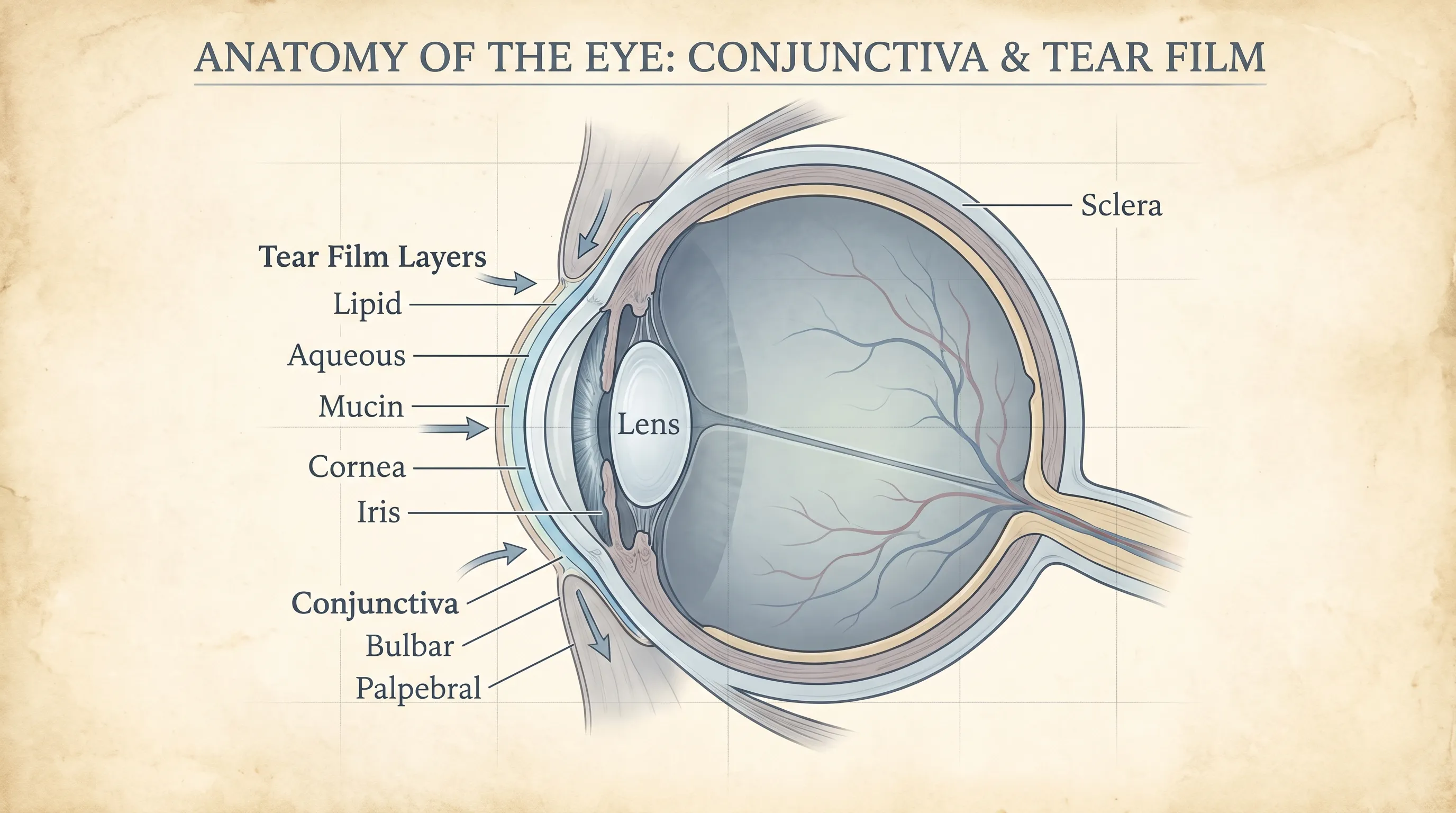 A detailed medical illustration of the human eye showing the conjunctiva and tear film layers, rendered in soft blue and gray clinical tones with clean anatomical accuracy