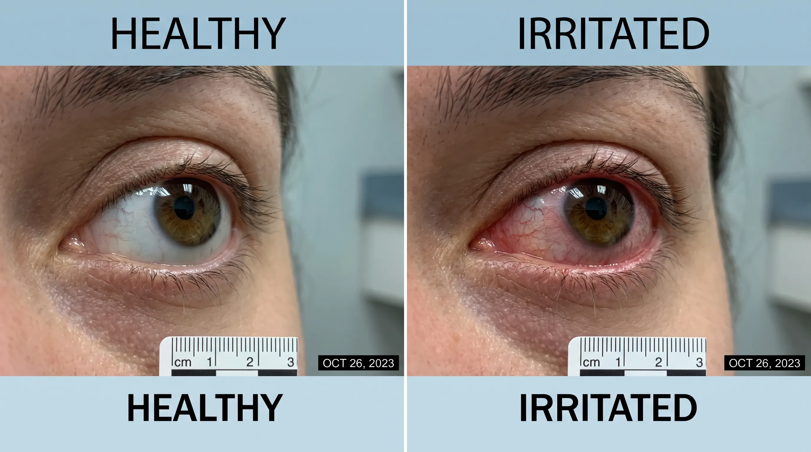 A professional clinical photograph comparing a healthy, clear ocular surface with an irritated conjunctiva, using cool lighting and medical photography styling
