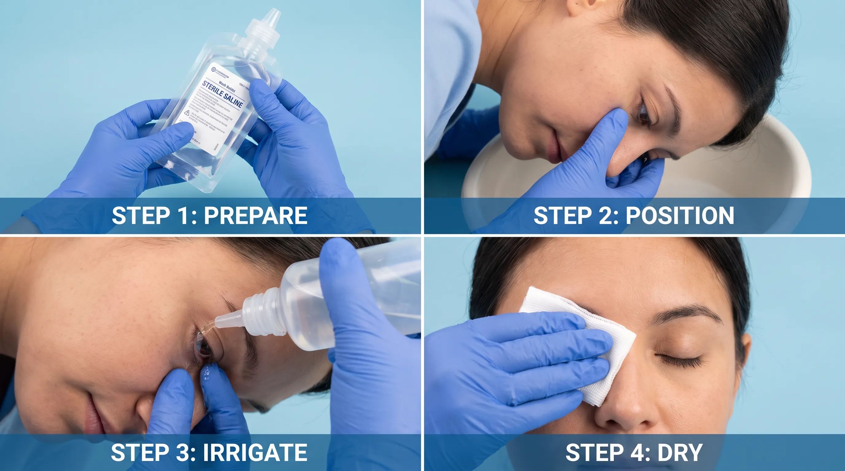 A step-by-step visual guide showing proper eye irrigation technique with saline, featuring clean hands, a sterile wash bottle, and a neutral clinical background