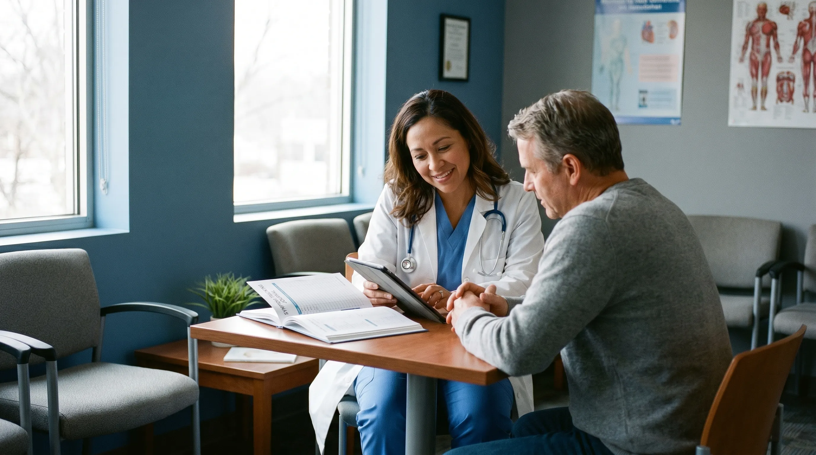 A compassionate healthcare consultation scene where a physician reviews symptom tracking notes with a middle-aged patient, soft natural lighting, clinical but warm environment, blue and gray color palette, 4:3 ratio