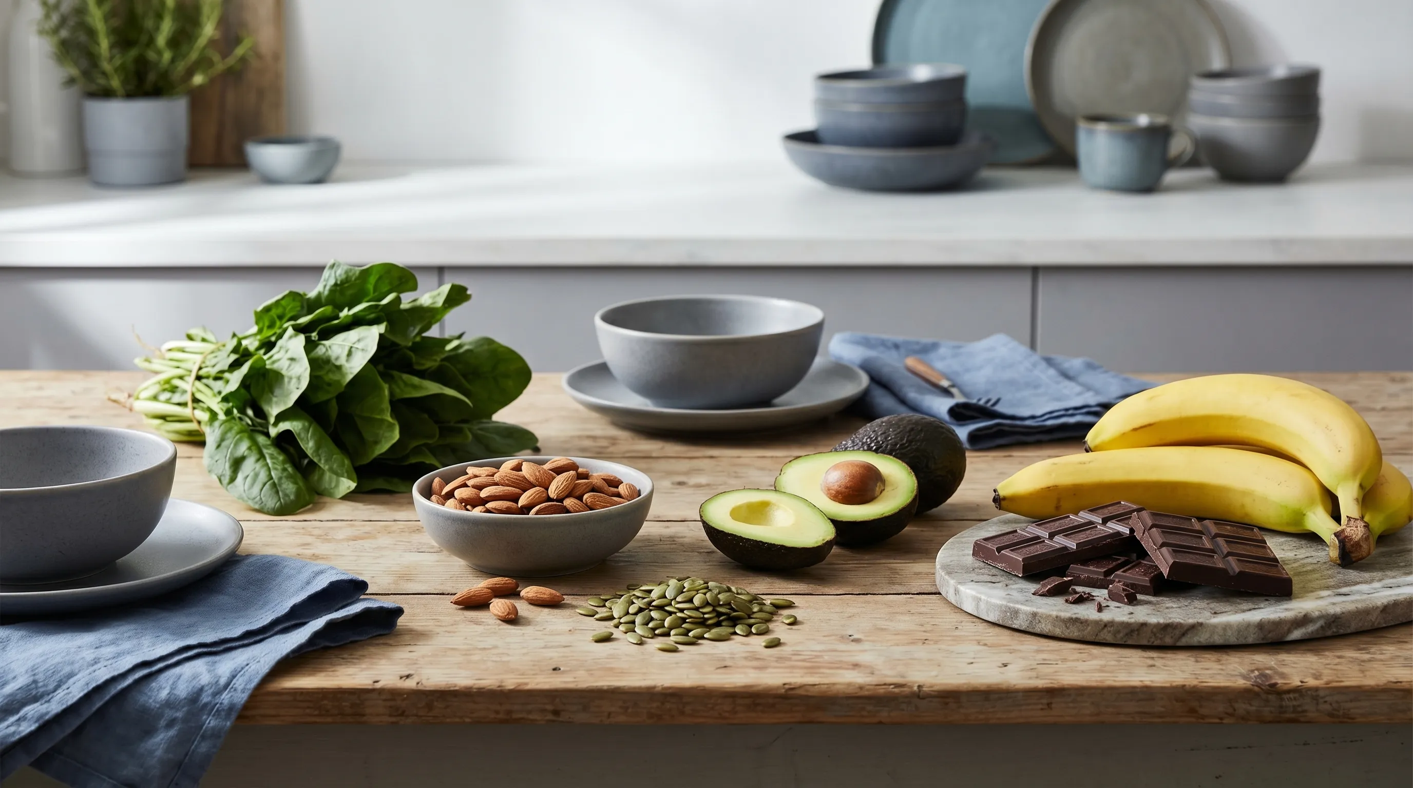 A variety of magnesium-rich foods including spinach, almonds, pumpkin seeds, avocados, bananas, and dark chocolate arranged on a wooden table.