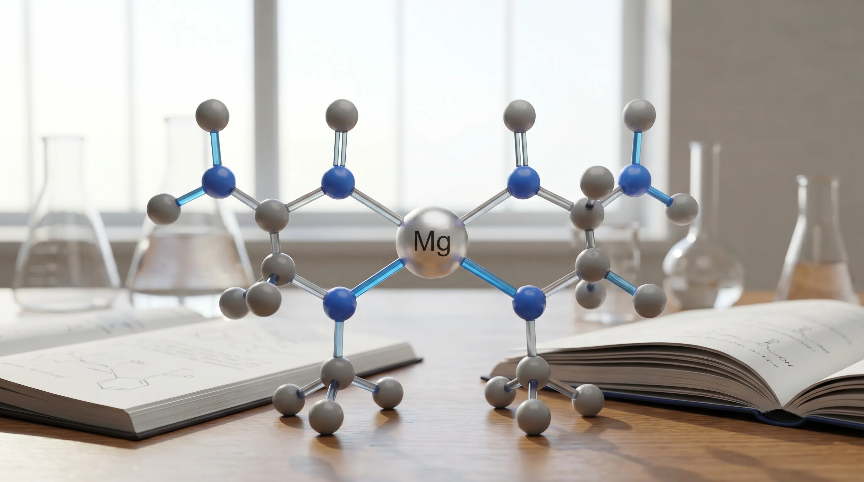 Chemical structure of Magnesium Bisglycinate, showing a central Magnesium (Mg) atom bonded to two glycine molecules.