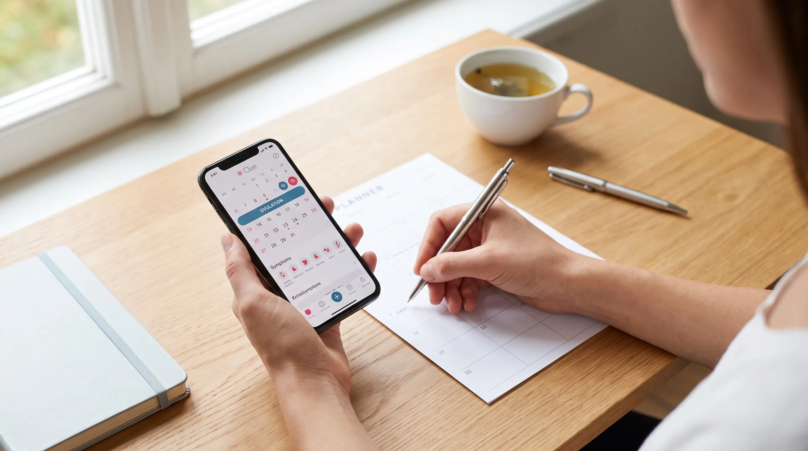 Woman tracking menstrual cycle dates and ovulation symptoms using a smartphone app and calendar