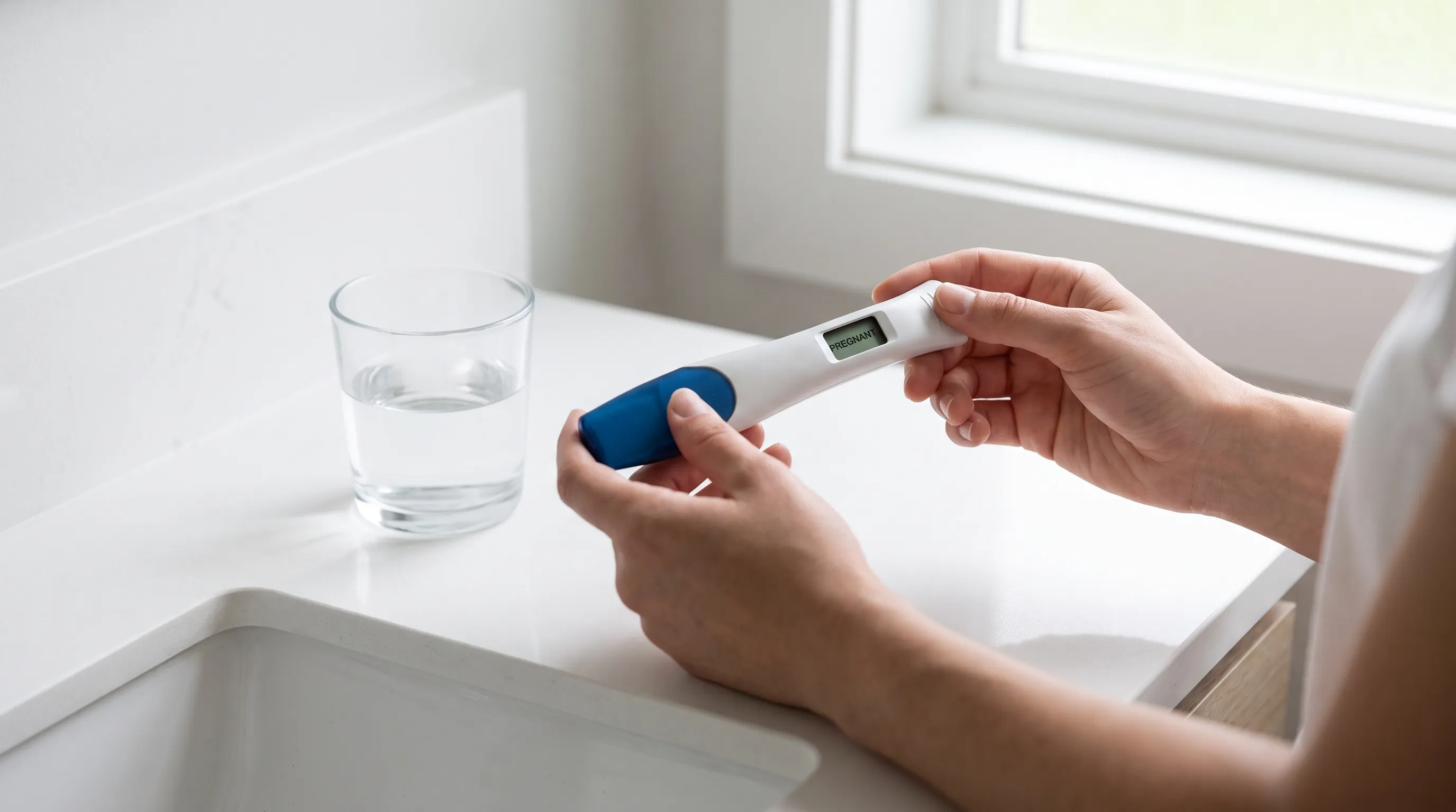 Close-up of hands holding a digital pregnancy test device on a clean bathroom counter