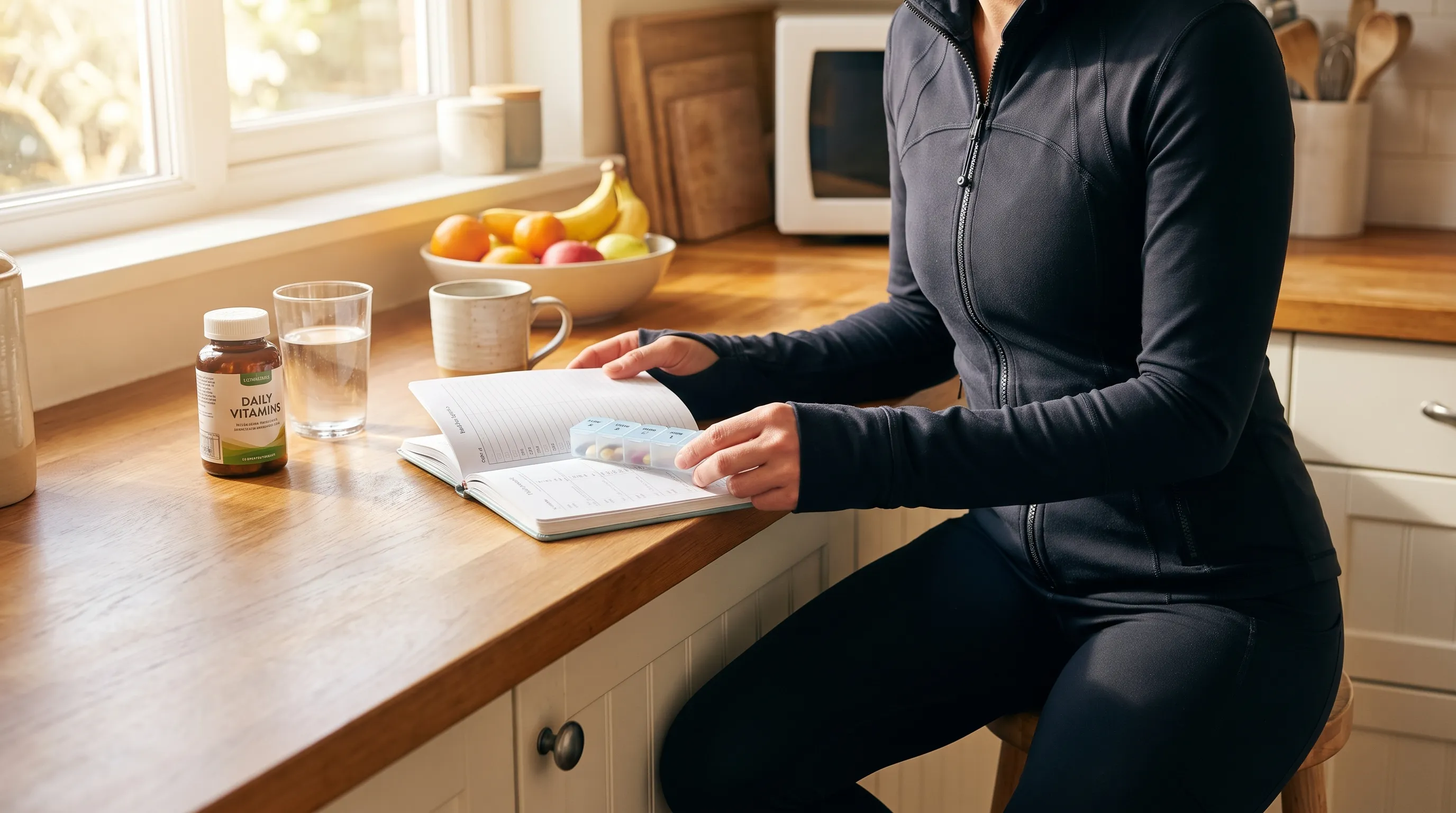 Person preparing nutrient-dense meals with fresh vegetables and probiotic-rich foods on a clean kitchen counter, representing holistic microbiome support