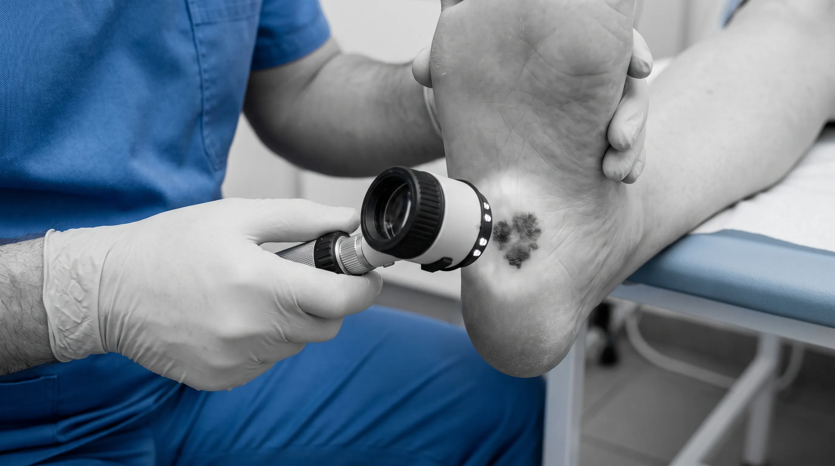 Primer plano de un dermatólogo que examina un pie con lesiones plantares oscuras