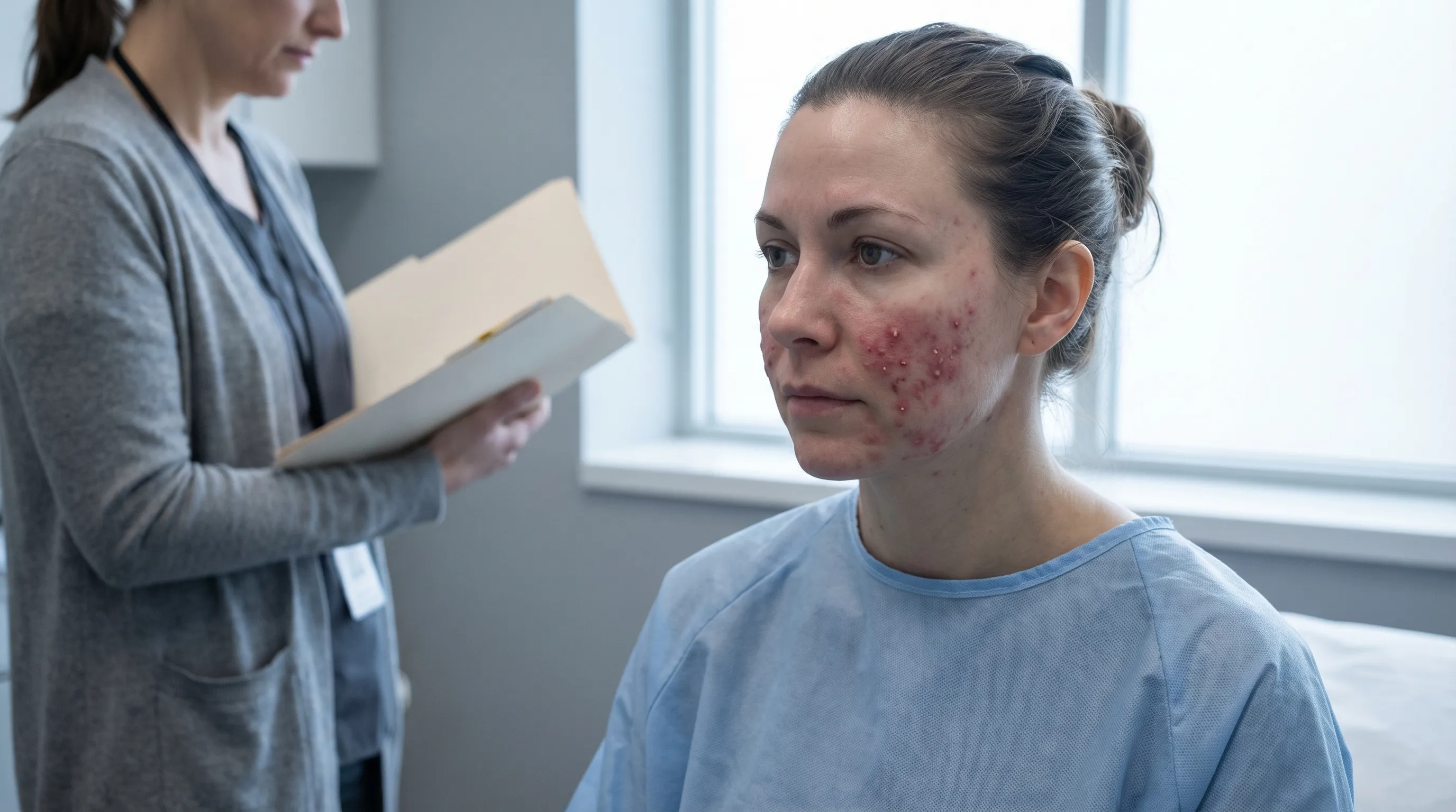A woman with severe red, inflamed papules and pustules on her cheeks, representing pyoderma faciale.
