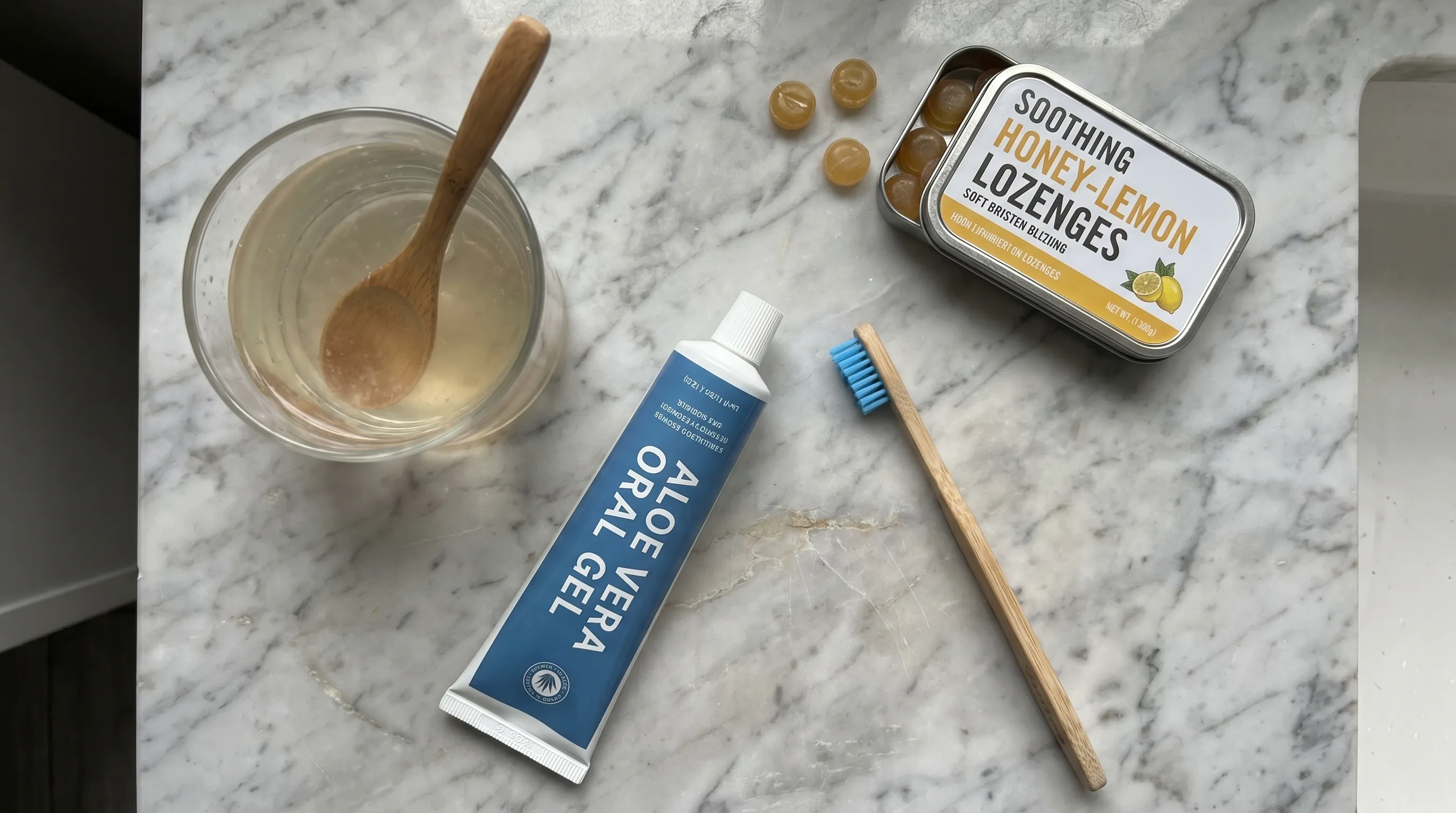 Top-down flat lay of oral health self-care items including warm salt water rinse in a glass, aloe vera gel, soft-bristled toothbrush, and soothing lozenges on a marble countertop, natural daylight, gray and blue color grading