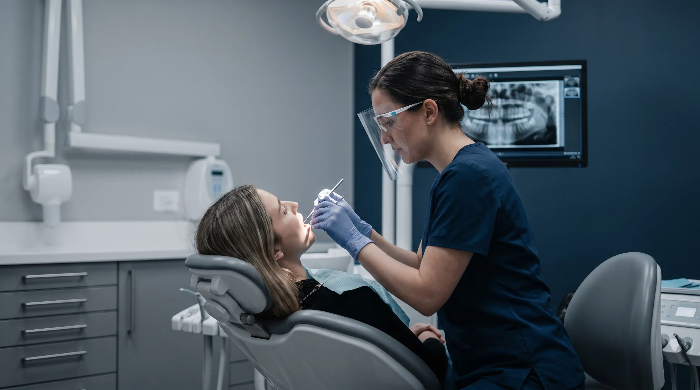 Patient consulting with a dental professional in a modern clinic setting, dentist examining oral cavity with gentle lighting, professional medical photography style, gray and blue tones