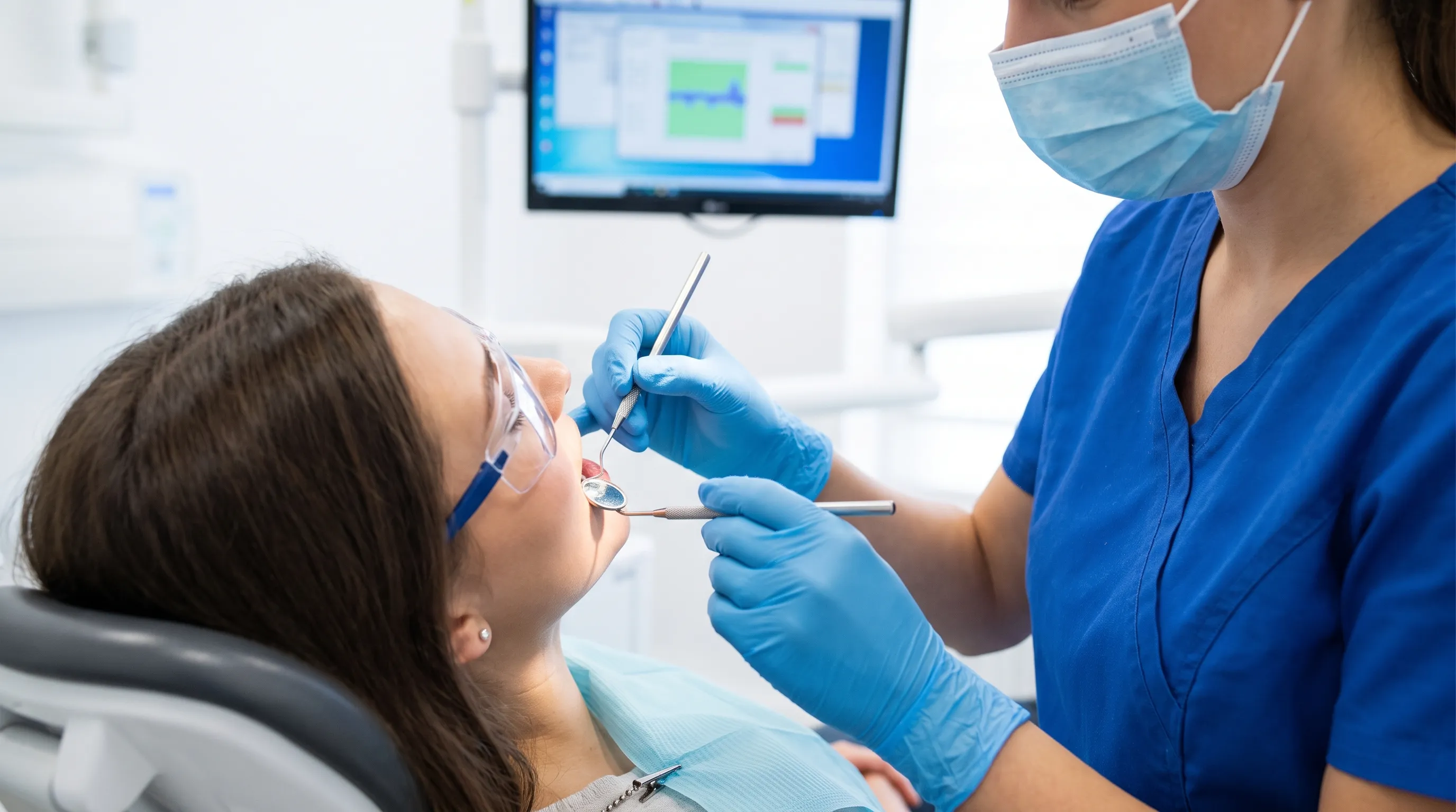 A dental professional examining a patient's teeth using a mirror and probe, highlighting periodontal health assessment