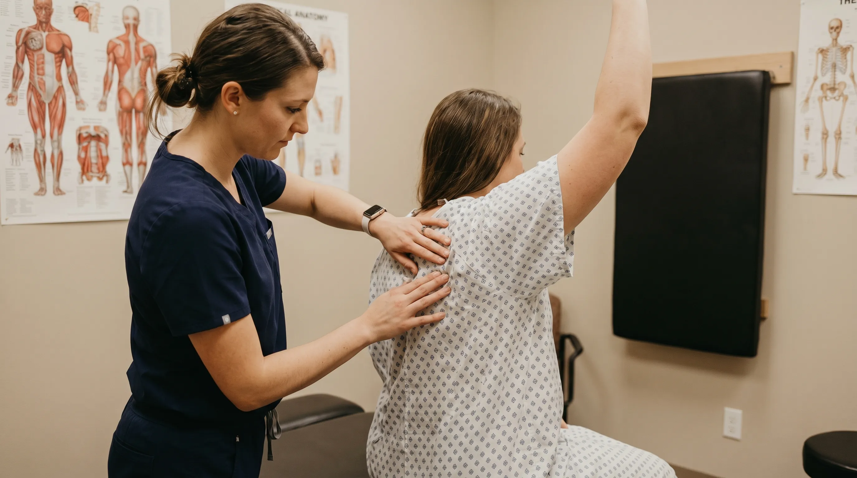 A medical professional performing a thorough musculoskeletal assessment of a patient's upper back and shoulder blade region, focusing on scapular movement patterns. Clinical setting with soft lighting, professional attire, 4:3 aspect ratio
