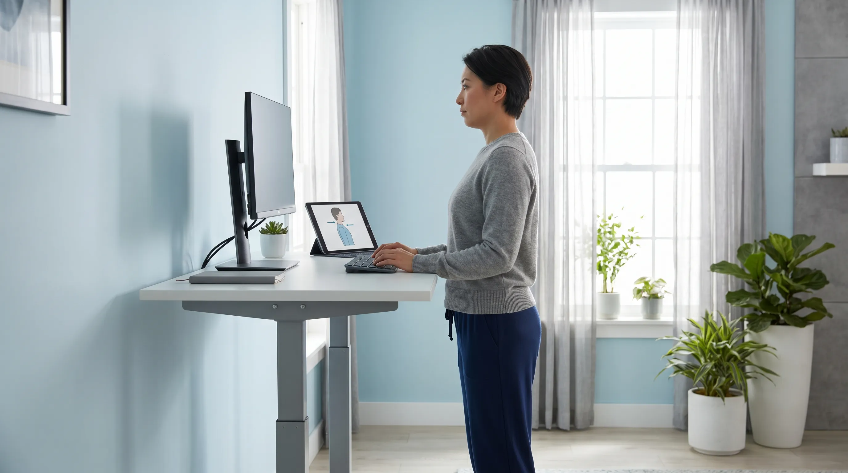 An individual practicing ergonomic posture adjustments at a modern standing desk setup, demonstrating proper chin tuck and scapular retraction techniques. Bright, calm environment with blue and gray color palette, lifestyle photography style, 4:3 aspect ratio