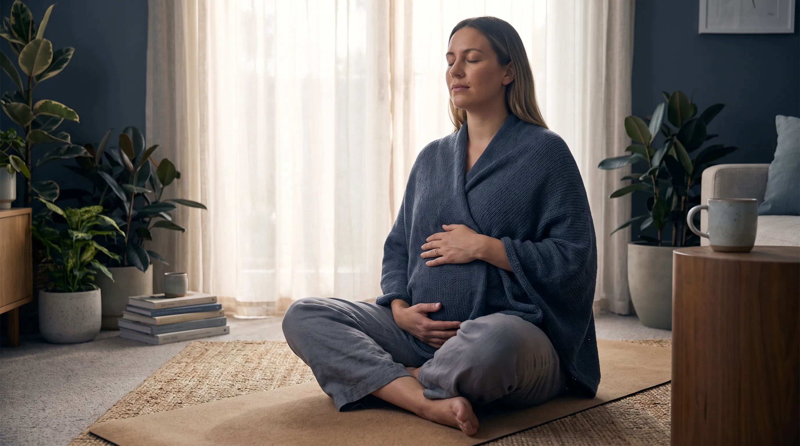 A peaceful expecting mother practicing gentle breathing exercises on a yoga mat in a softly lit room, wearing comfortable maternity clothing, calm blue-gray color palette, lifestyle wellness photography