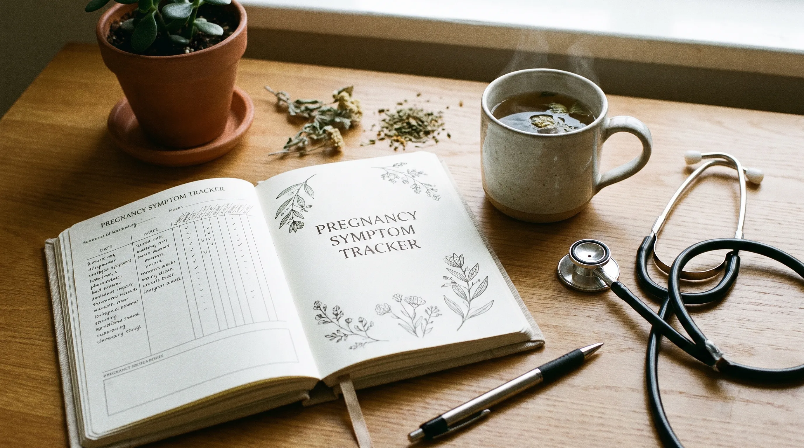 A neatly arranged table showing a pregnancy symptom tracker journal with herbal tea and a stethoscope, soft natural lighting, clinical yet warm aesthetic, 4:3 ratio