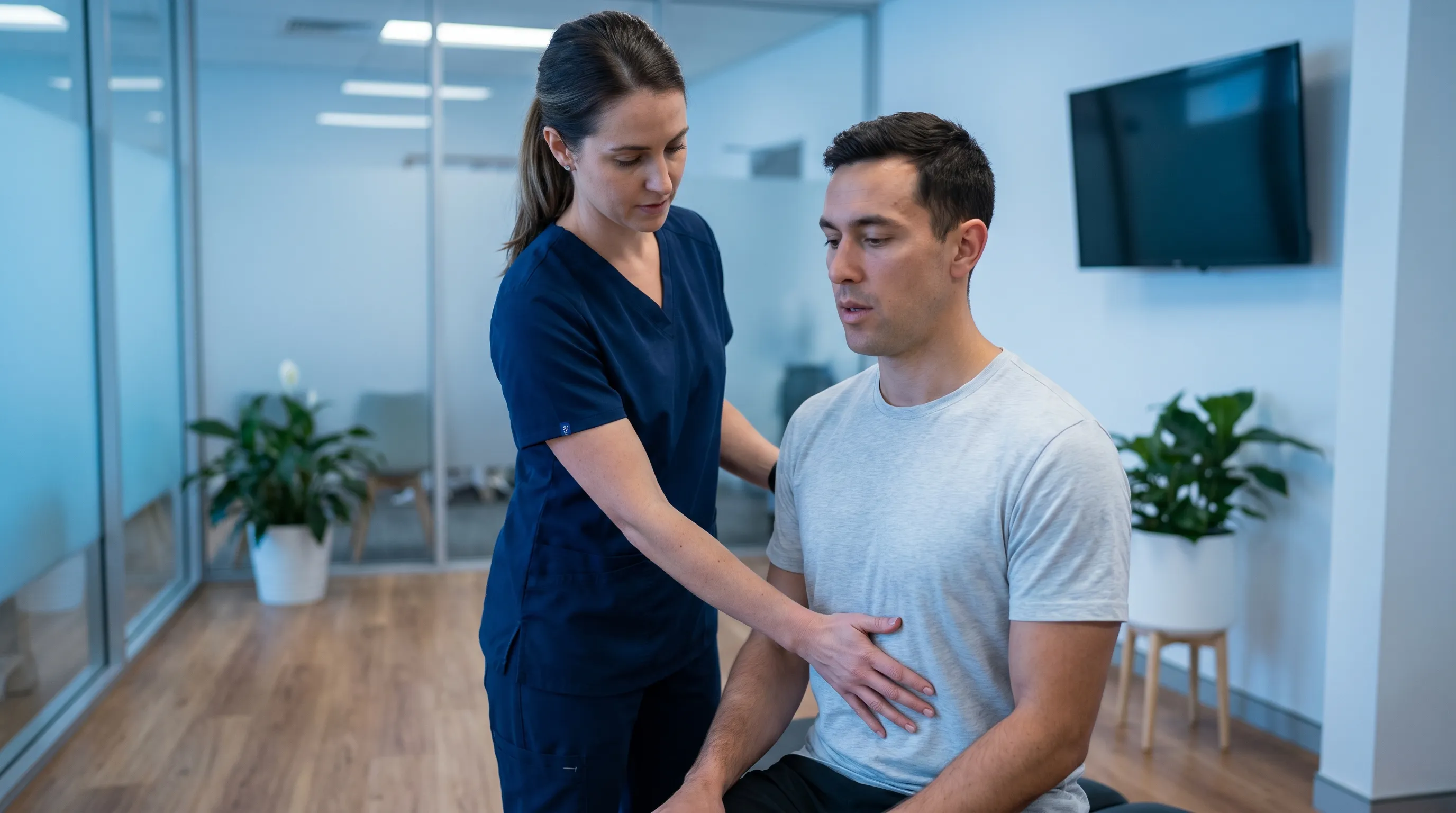 Physiotherapeutin oder Physiotherapeut leitet eine Patientin oder einen Patienten in einer modernen Praxis bei sanfter Aktivierung der Rumpfmuskulatur an