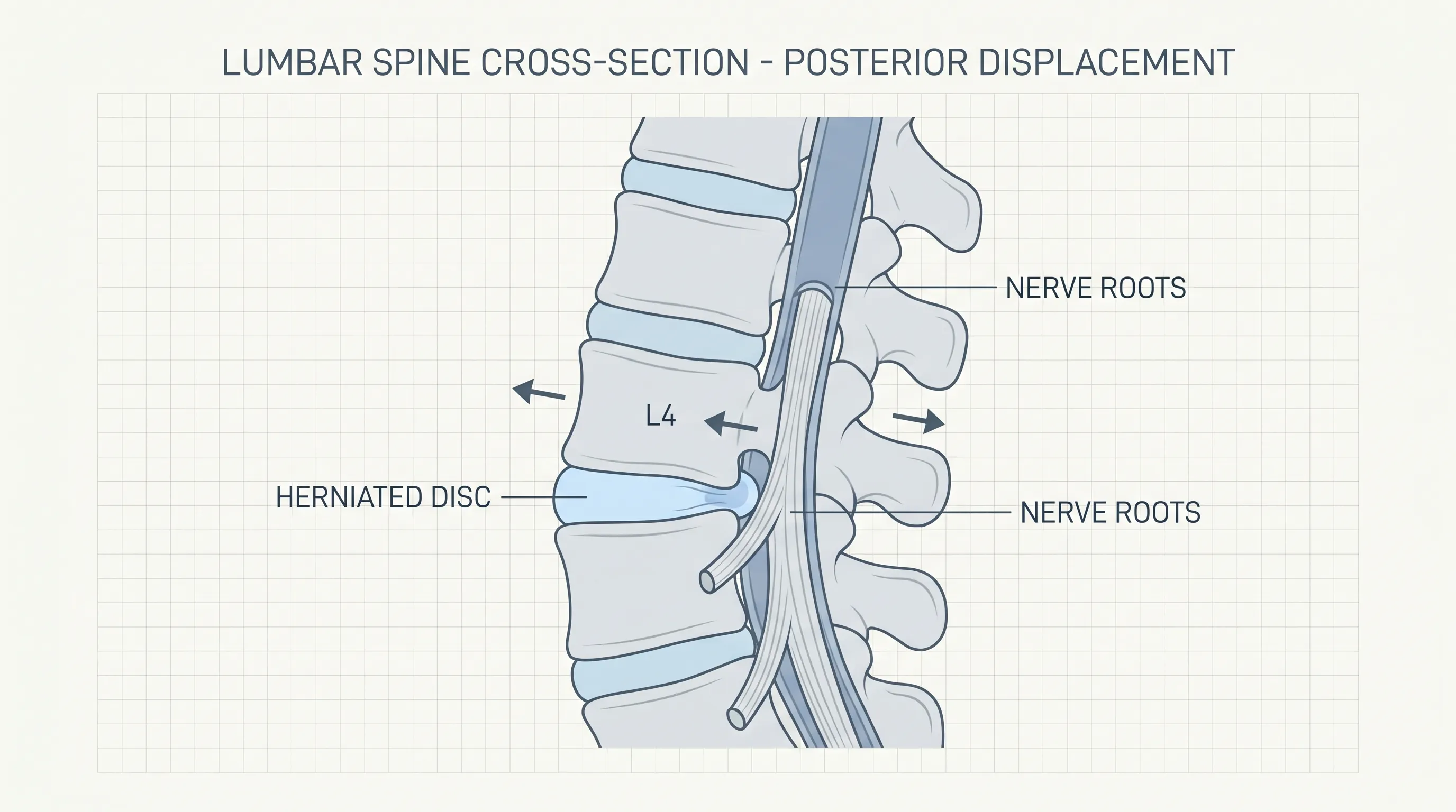 Clinical educational illustration showing a side-view cross-section of the lumbar spine with a mild posterior displacement of one vertebra, highlighting the intervertebral disc and nerve roots.
