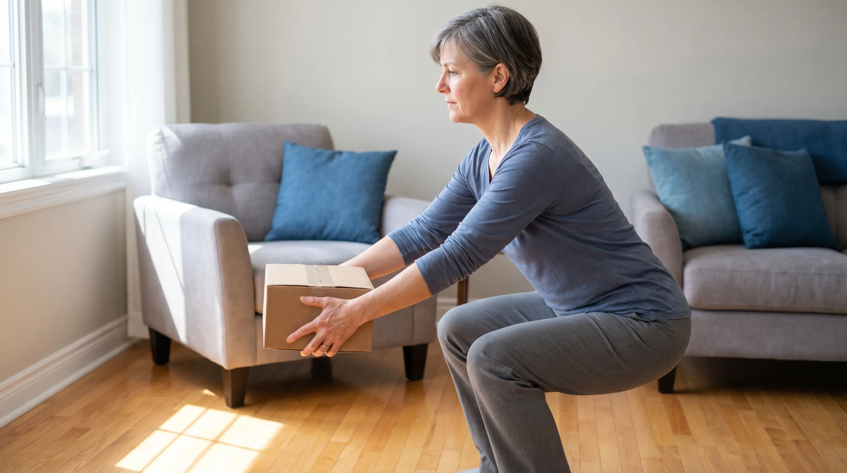 A middle-aged individual practicing proper lifting ergonomics in a home environment, demonstrating a straight back and knee bend while lifting a lightweight box.