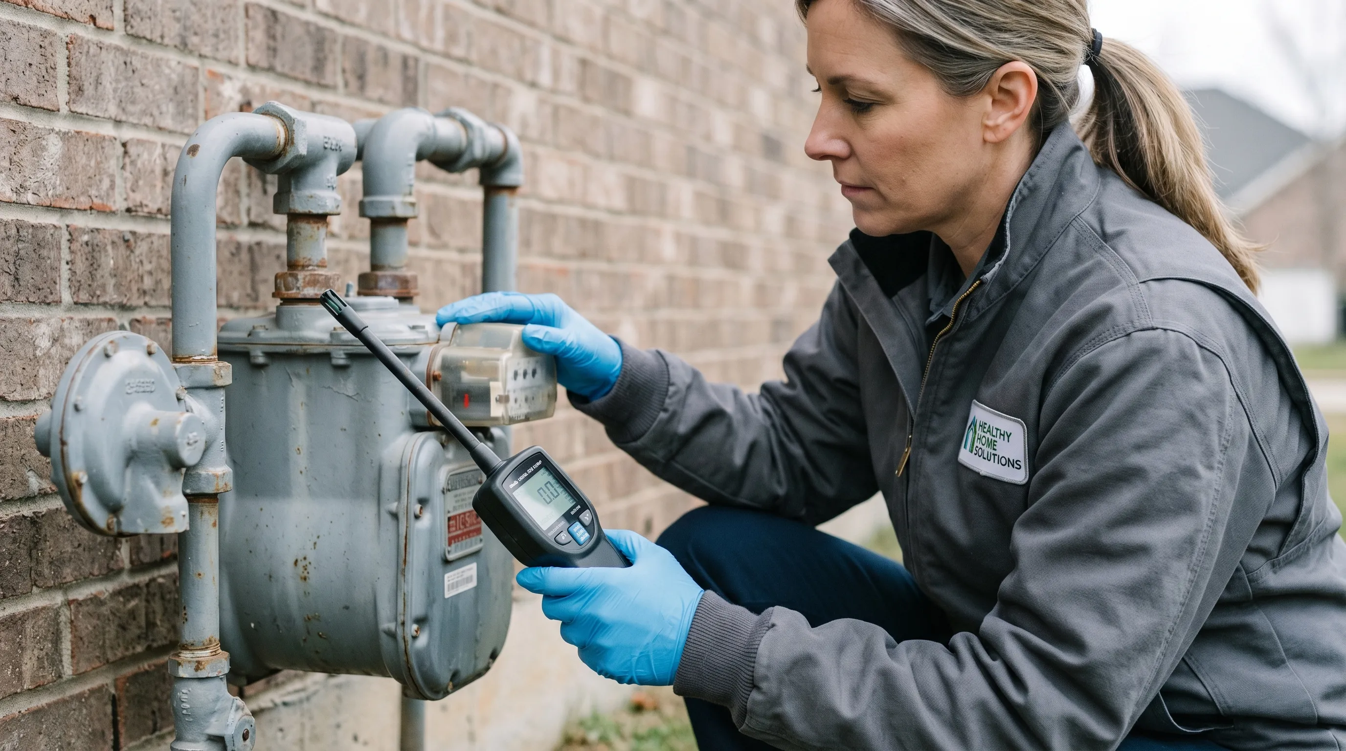 A technician uses a handheld gas leak detector on a home gas meter.