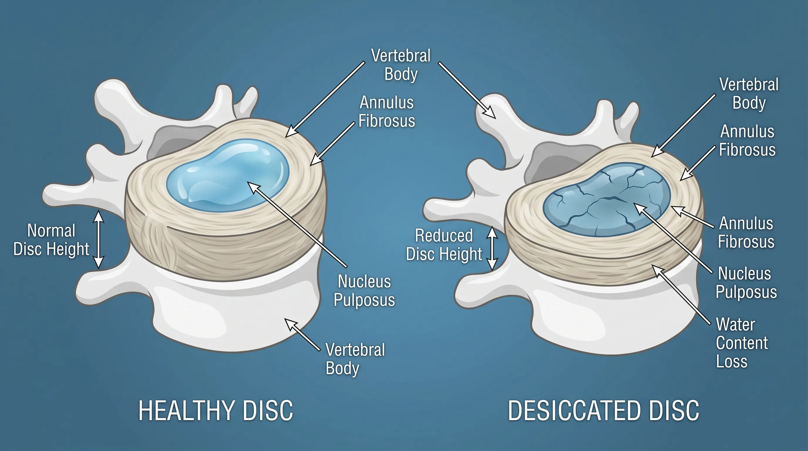 A detailed, photorealistic cross-section illustration of a healthy intervertebral disc alongside a desiccated disc, highlighting the loss of water content in the nucleus pulposus and thinning of the disc height. Medical infographic style, blue and neutral color palette, clean anatomical labeling.