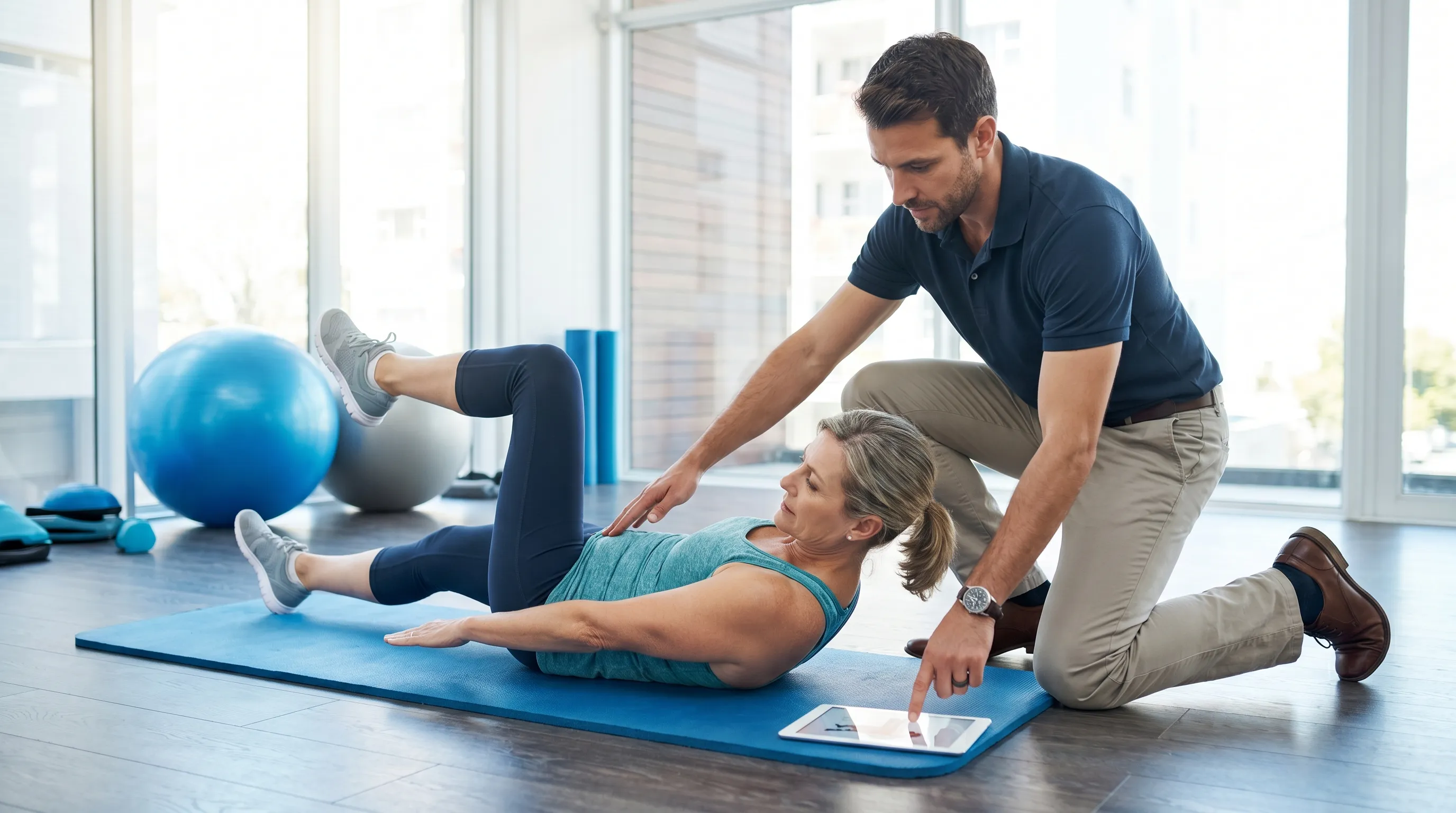 A middle-aged adult performing a supervised physical therapy core stabilization exercise on a mat in a bright, modern rehabilitation clinic. Professional attire, proper posture demonstration, focusing on lumbar support and spinal alignment. Soft lighting, blue and gray tones.