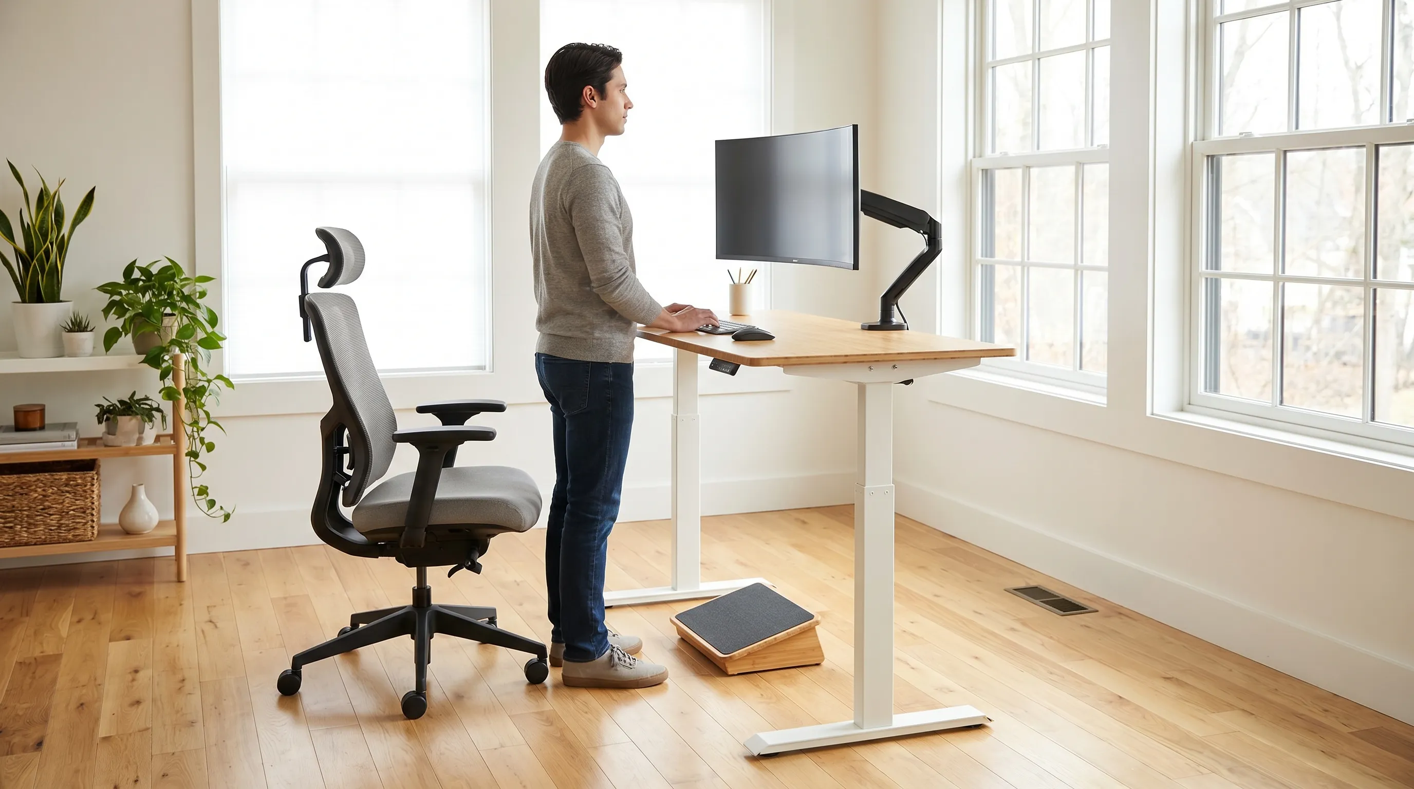 An ergonomic home office setup featuring an adjustable standing desk, lumbar-support chair, properly aligned monitor, and footrest. Natural lighting, minimalist design, emphasizing spine-friendly posture and daily workplace wellness.