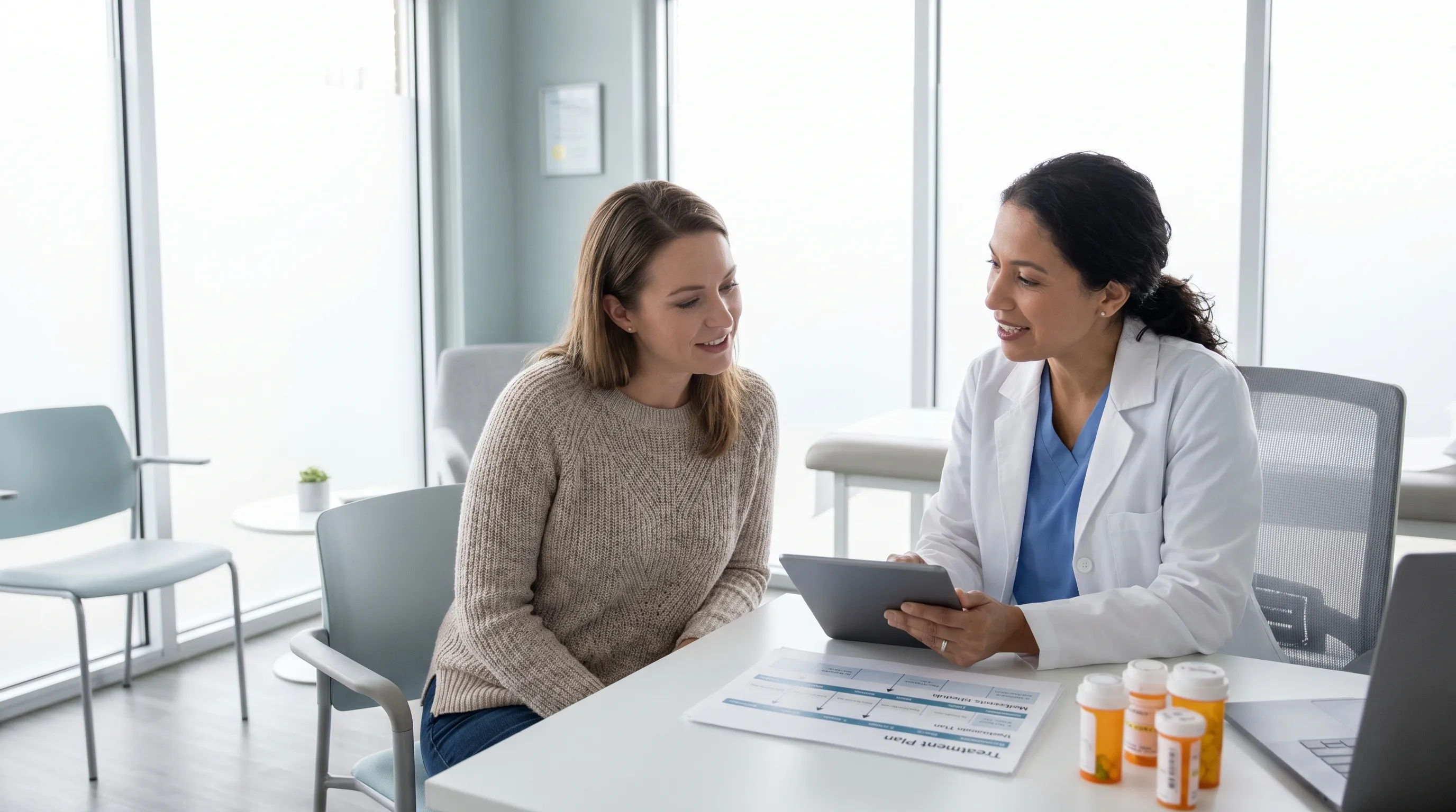 A professional health photography scene showing a woman in her early 30s consulting with a female physician in a bright, modern clinical office. They are reviewing a personalized treatment chart and discussing medication timing. Neutral gray and blue color grading, natural window lighting, 4:3 aspect ratio, realistic medical consultation atmosphere.