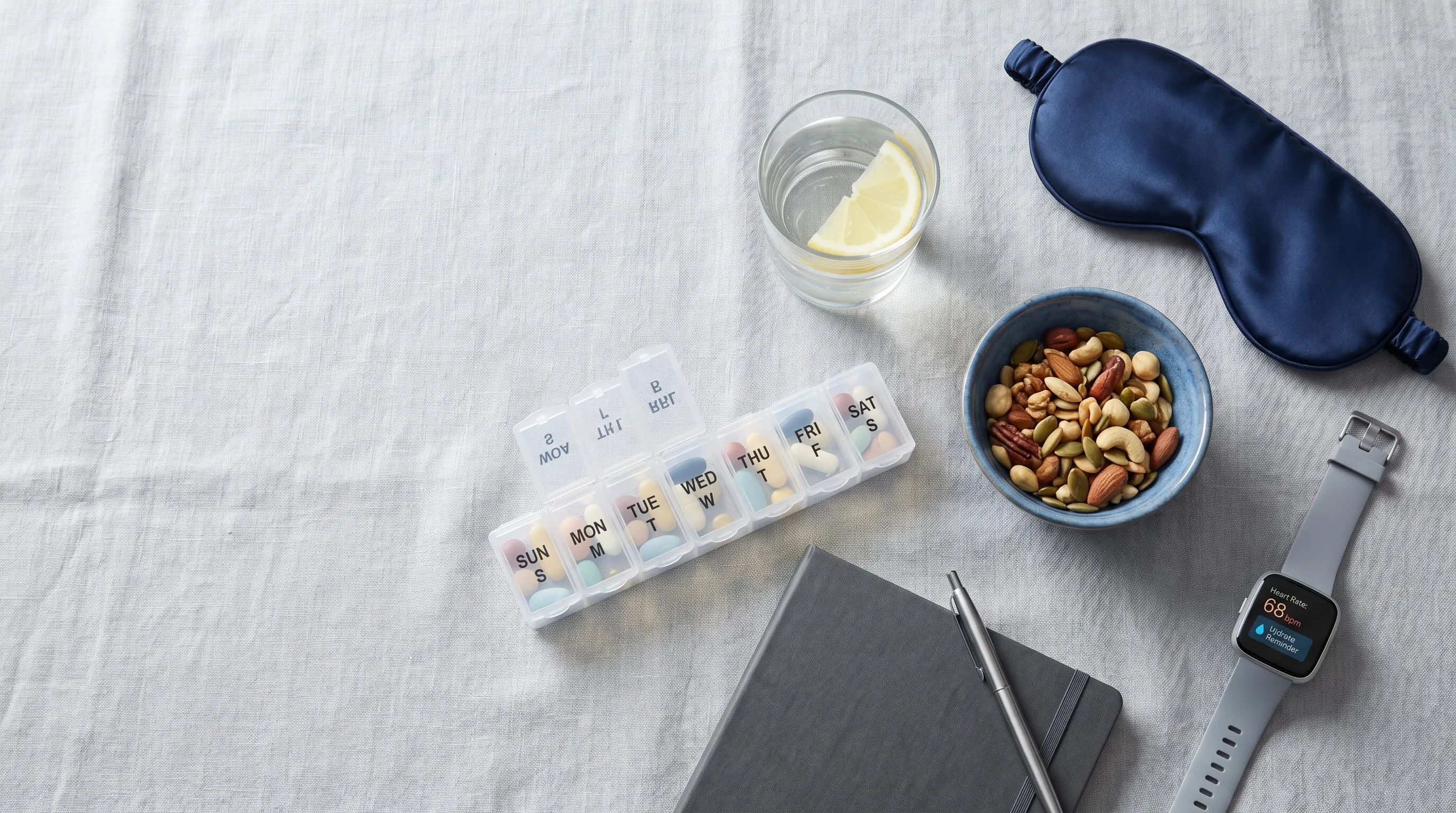 A calm, organized lifestyle flatlay of wellness items for medication management: a labeled pill organizer, a glass of water with lemon, a small bowl of nuts and seeds, a sleep mask, a journal, and a smartwatch displaying heart rate and hydration reminders. Soft diffused lighting, gray and blue palette, professional product photography style, 4:3 ratio.
